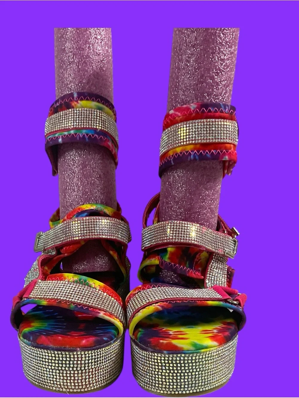 Azalea Wang Force Multicolor Tie-Dye Platform Sandals w/Rhinestone Straps Size 8
